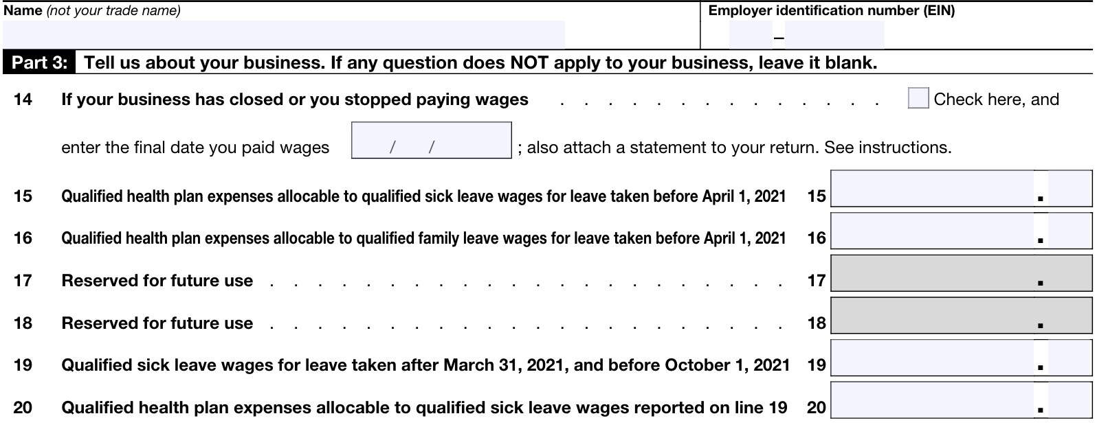 irs form 944, part 3: tell us about your business.