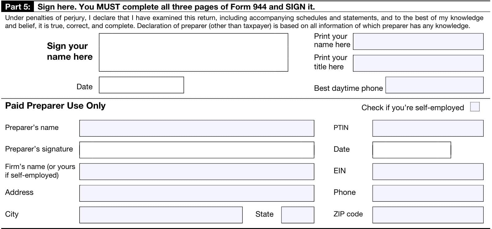 irs form 944, part 5, signature