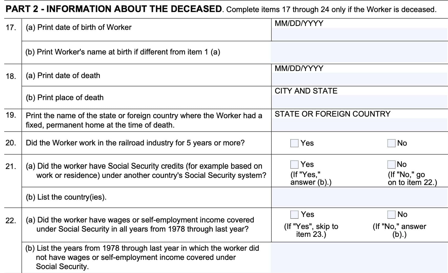form ssa-4-bk, line 17 through line 22