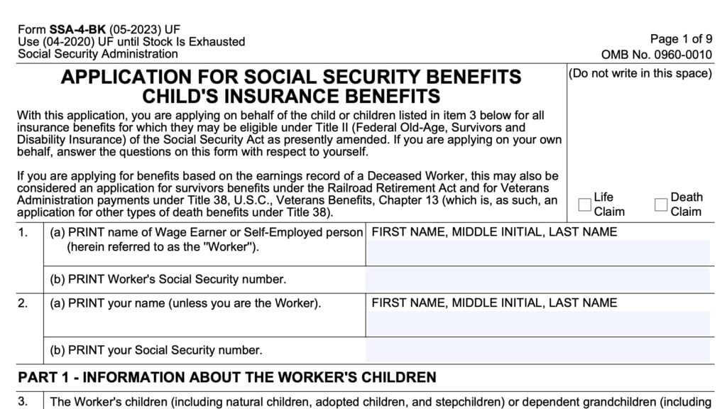 form ssa-4-bk, application for social security benefits child's insurance benefits