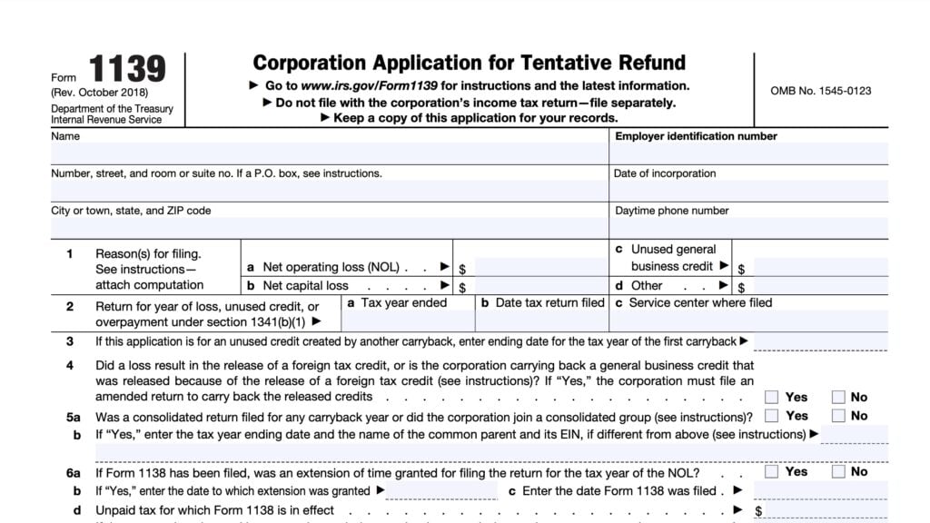 irs form 1139, corporate application for tentative refund