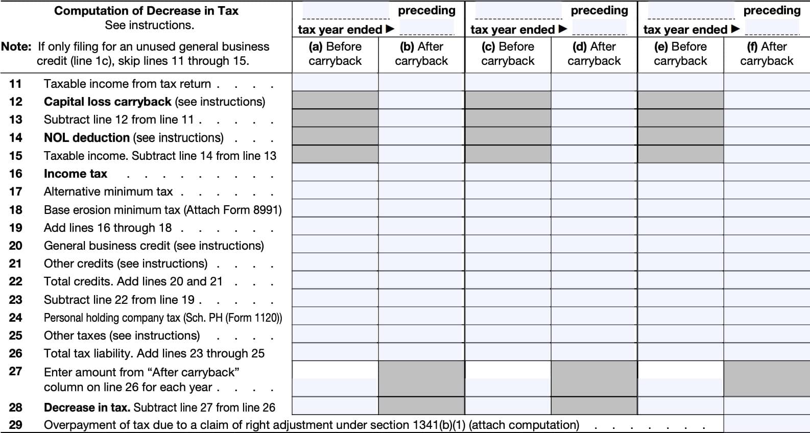 irs form 1139, lines 11 through 29