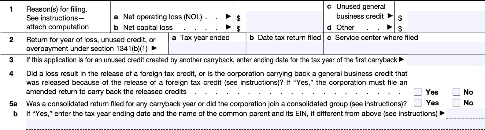 irs form 1139, lines 1 through 5