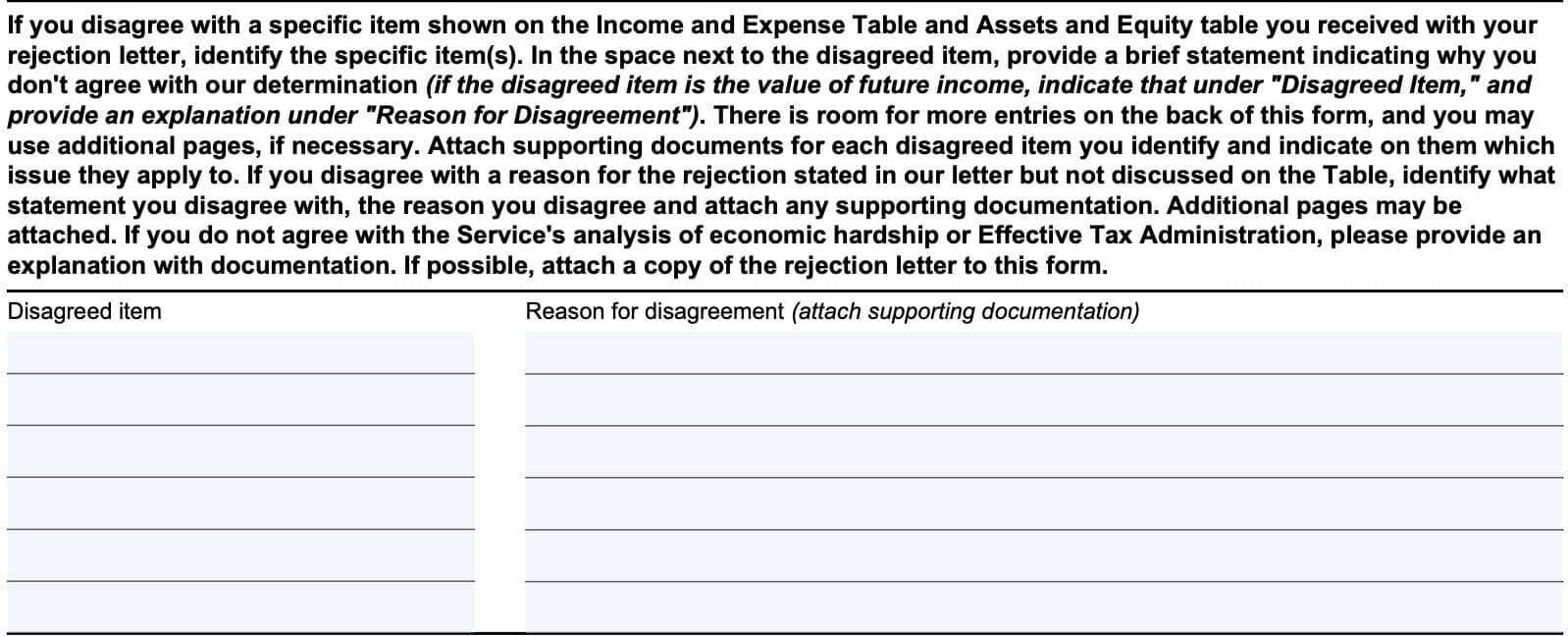 irs form 13711, disagreed item and reason for disagreement