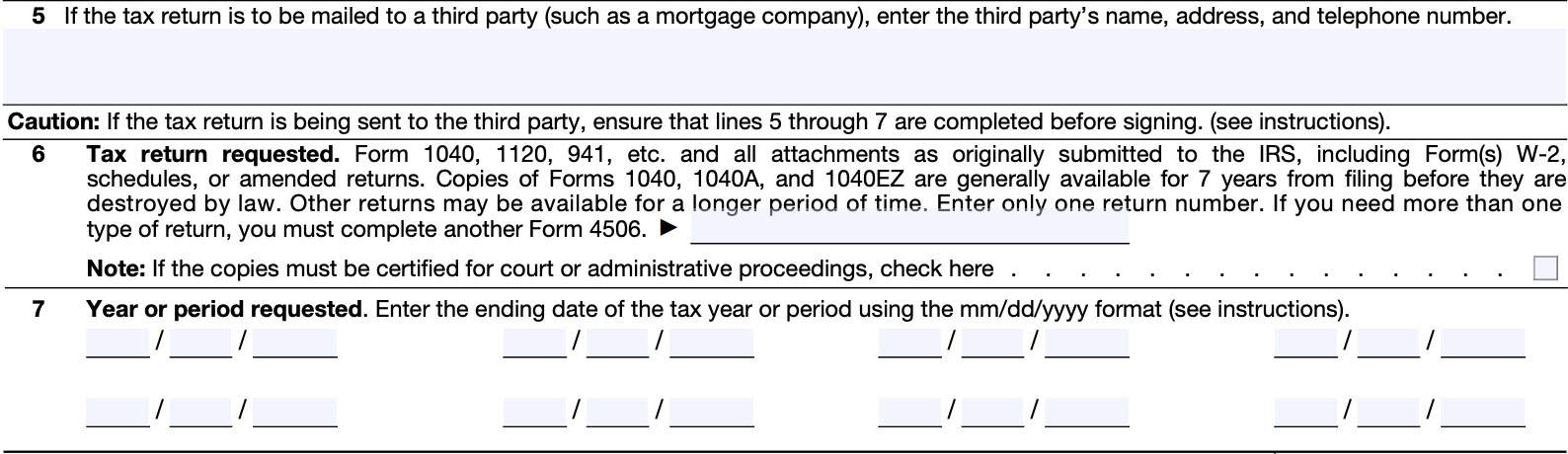 irs form 4506, lines 5-7