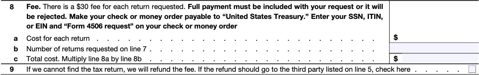 irs form 4506, lines 8 & 9