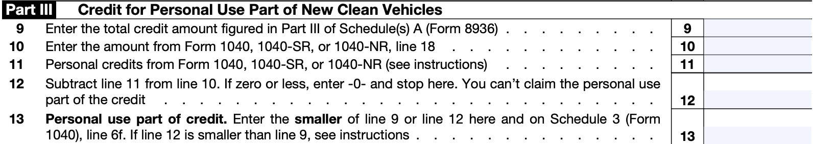 irs form 8936 part iii: credit for personal use part of new clean vehicles