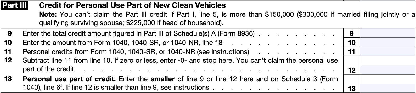 irs form 8936 part iii: credit for personal use part of new clean vehicles