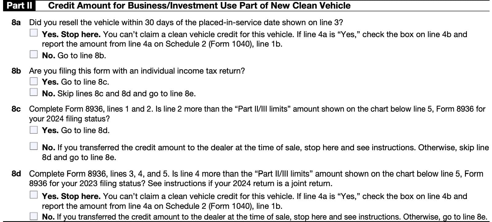 irs form 8936, schedule a, part ii: credit amount for business or investment use part of new clean vehicle, lines 8a through 8d