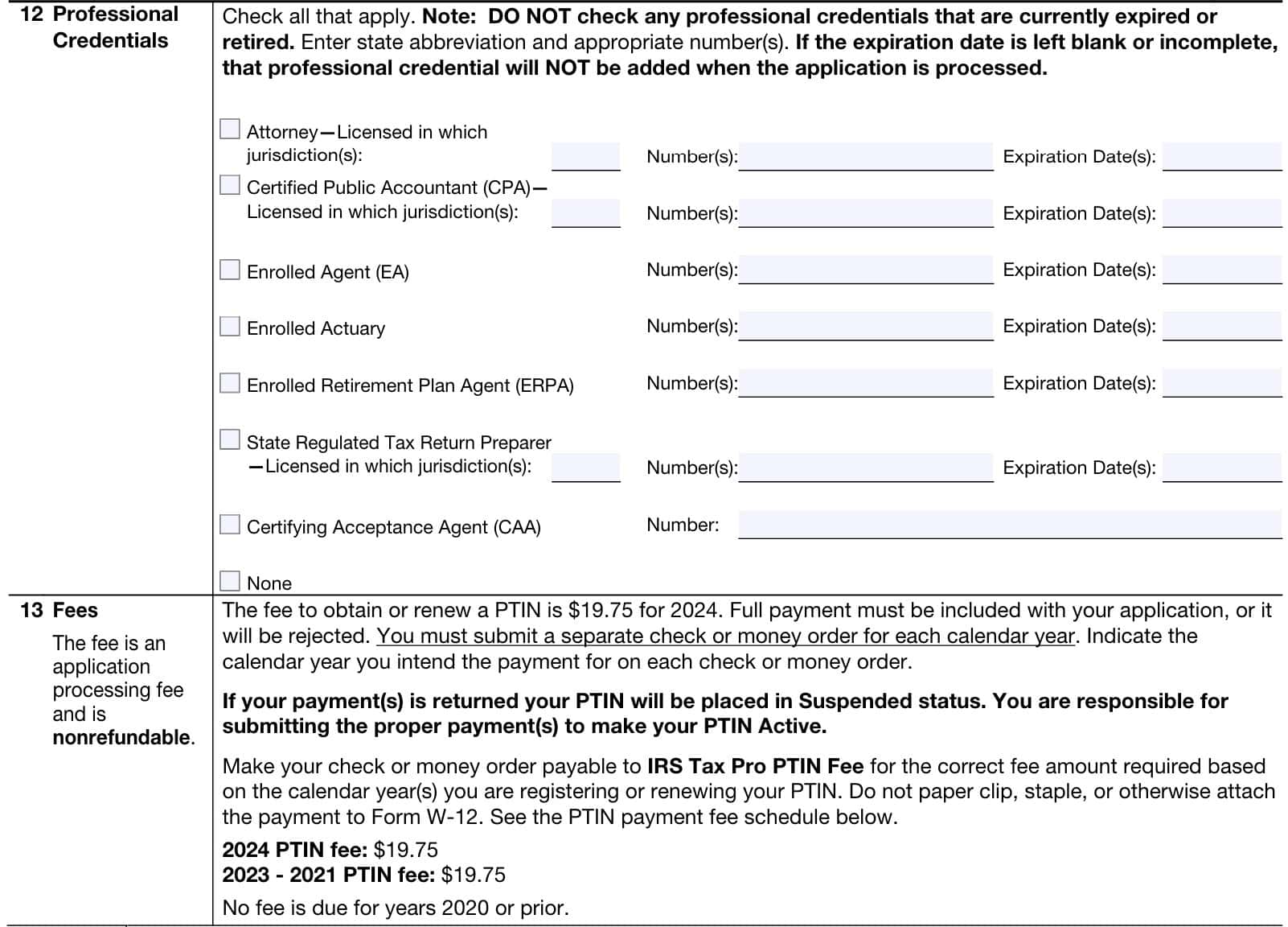 lines 12 & 13, professional credentials and fees