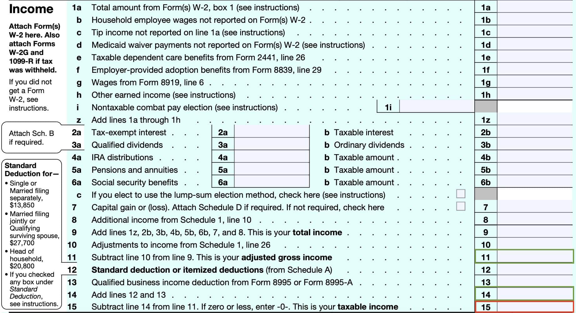 Line 1 begins with either taxable income or AGI after certain deductions