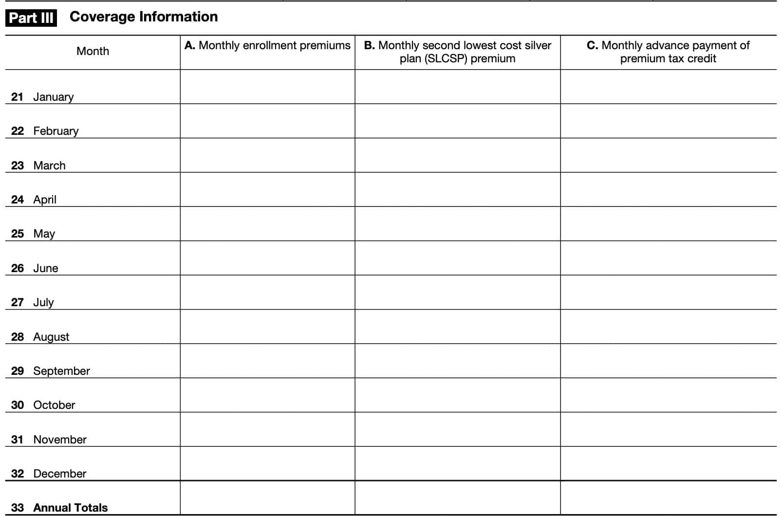 irs form 1095-a, part iii: coverage information