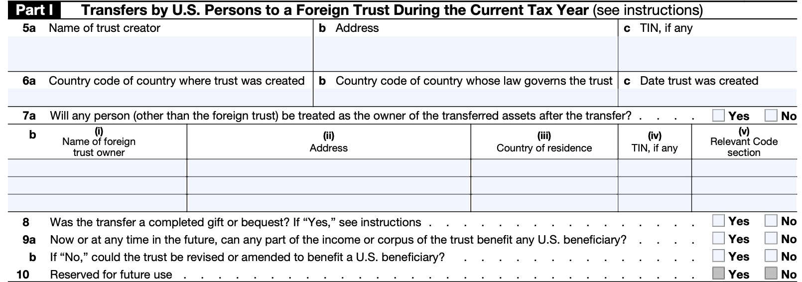 Part I-Transfers to a foreign trust during the tax year.