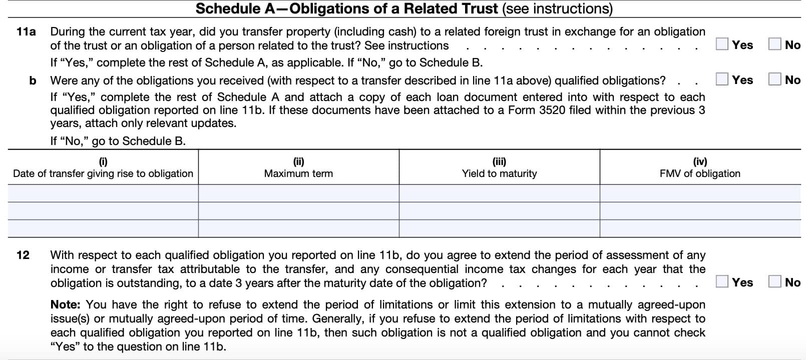 irs form 3520, part i, schedule a: obligations of a related trust