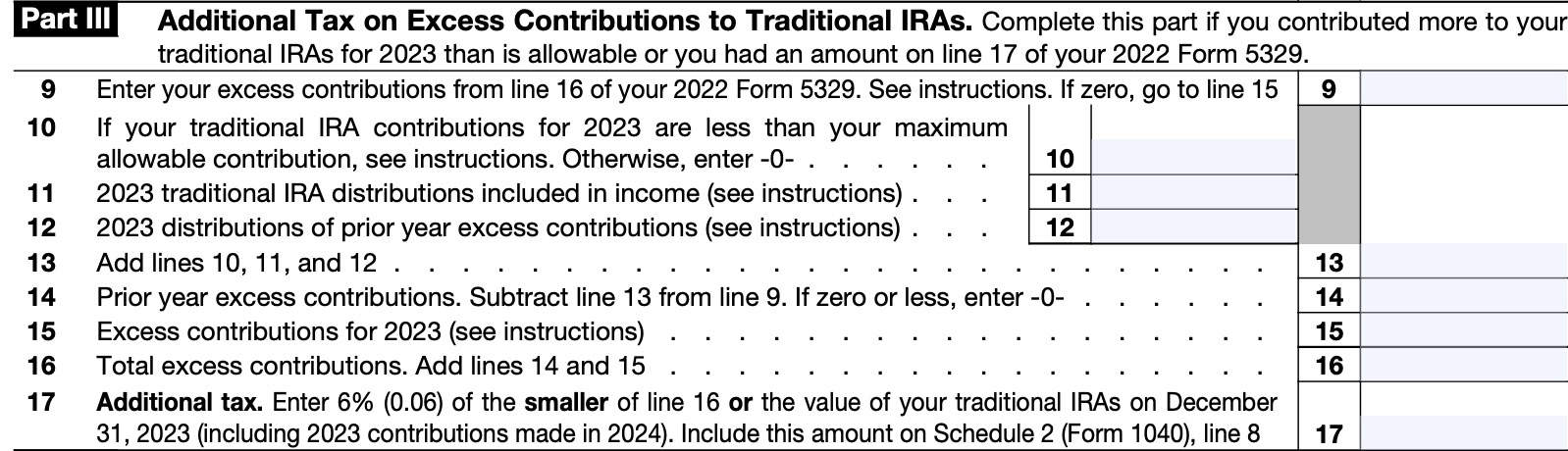 irs form 5329 part iii, additional tax on excess contributions to traditional iras