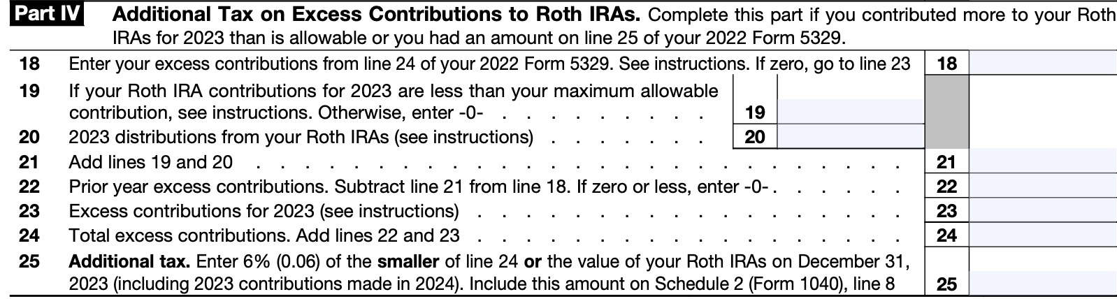 Part IV: a 6% penalty applies to excess contributions to a roth account.