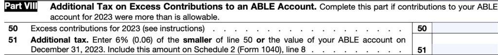 IRS Form 5329-Part VIII, There is a 6% Additional Tax on excess contributions to ABLE accounts