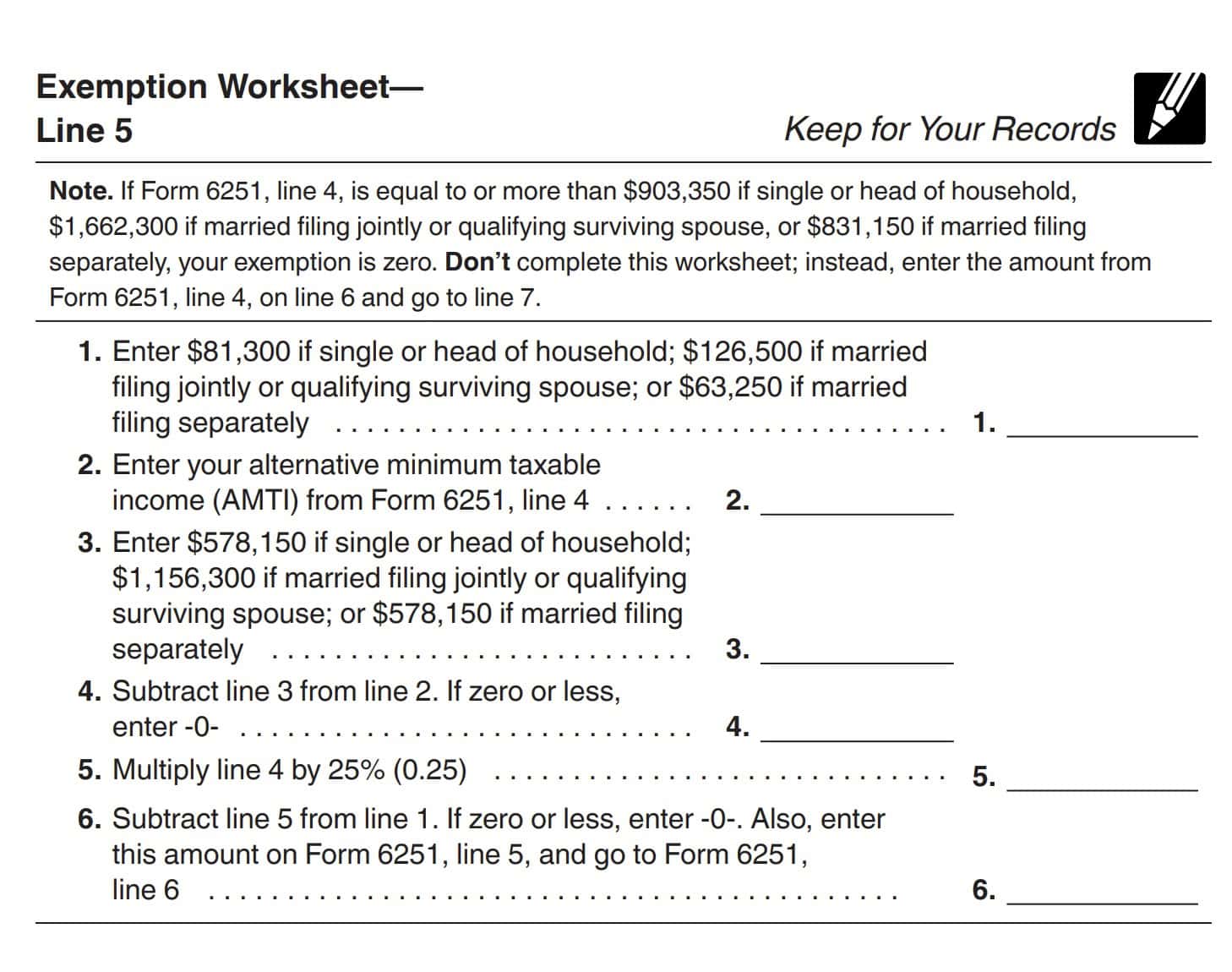 irs form 6251, line 5 exemption worksheet