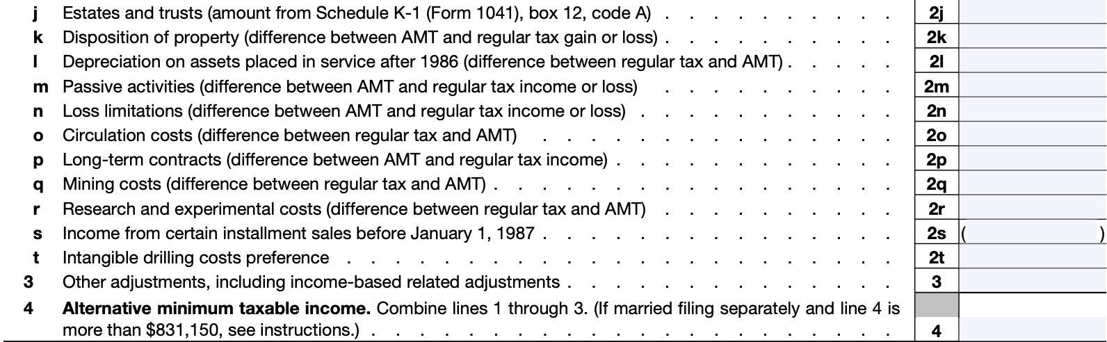 Part I continued, Lines 2j through 4