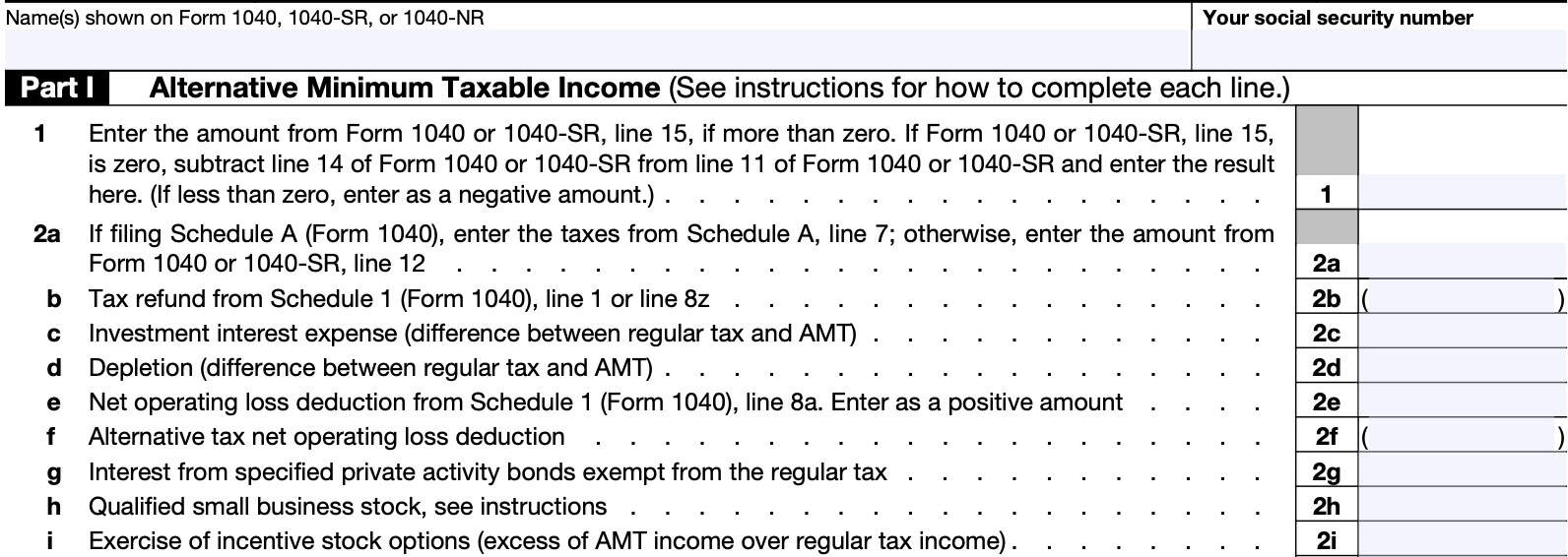 IRS Form 6251 Part I: Alternative Minimum Taxable Income, lines 1 through 2i