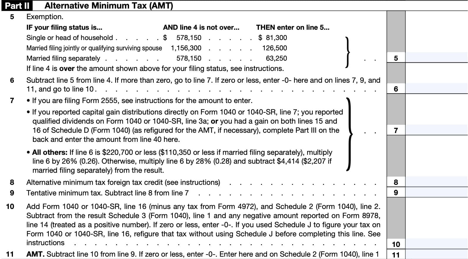 IRS Form 6251 Part II helps calculate AMT.