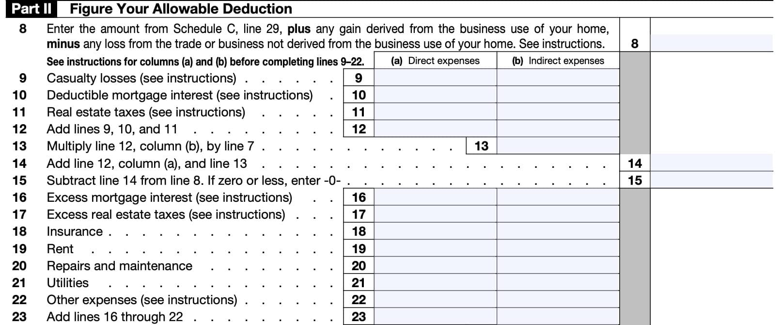 irs form 8829, part ii: figure your allowable deduction