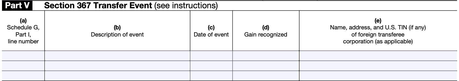 schedule h, part v: Section 367 transfer event