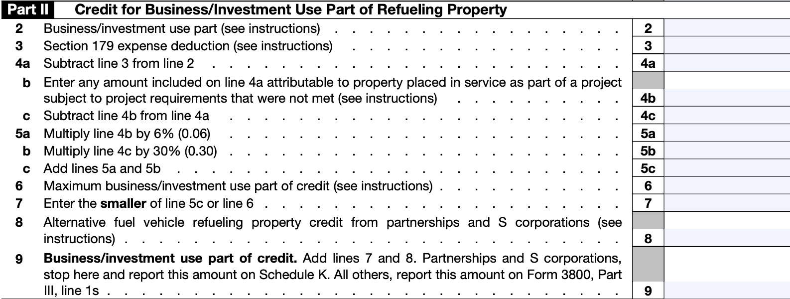 irs form 8911, part II: credit for business/investment use part of refueling property