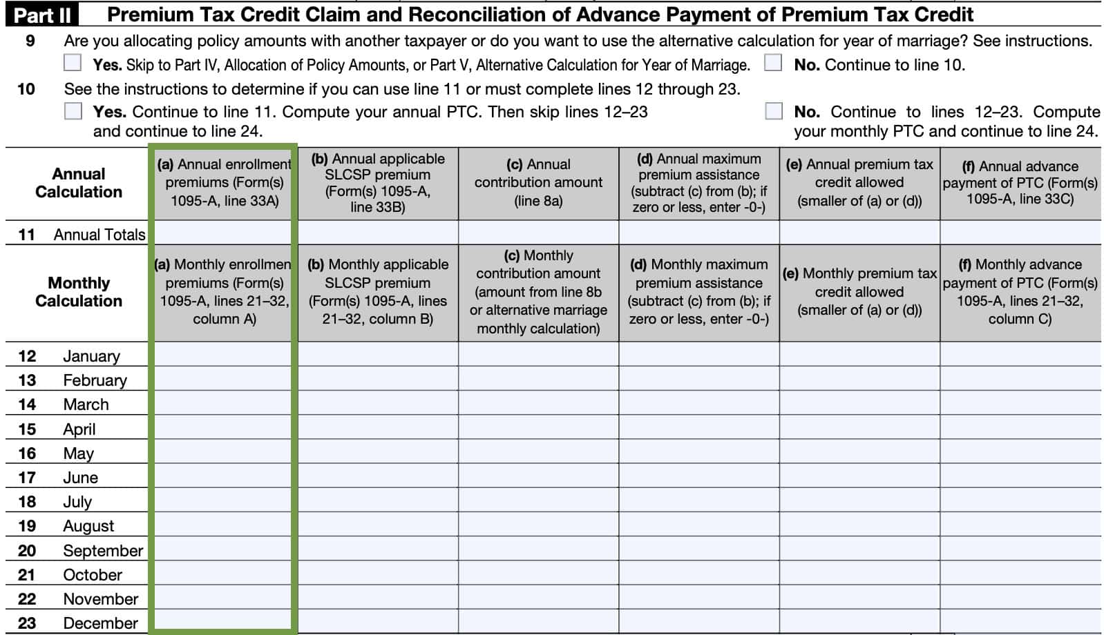 irs form 8962, part ii, column a: enrollment premiums