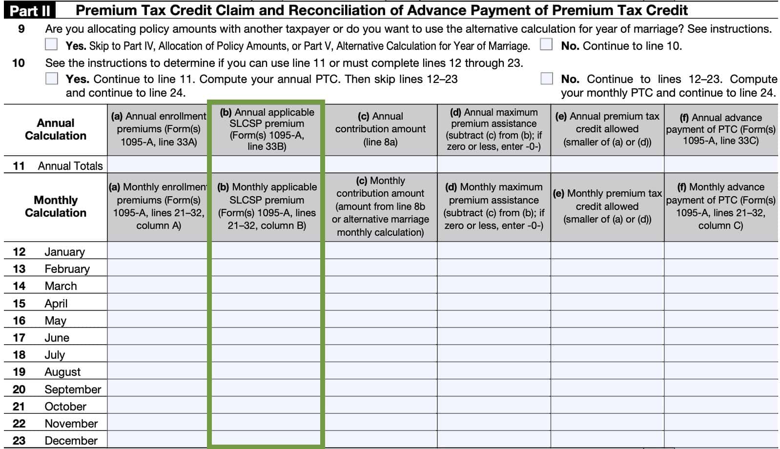 irs form 8962, part ii, column b: SLCSP premiums