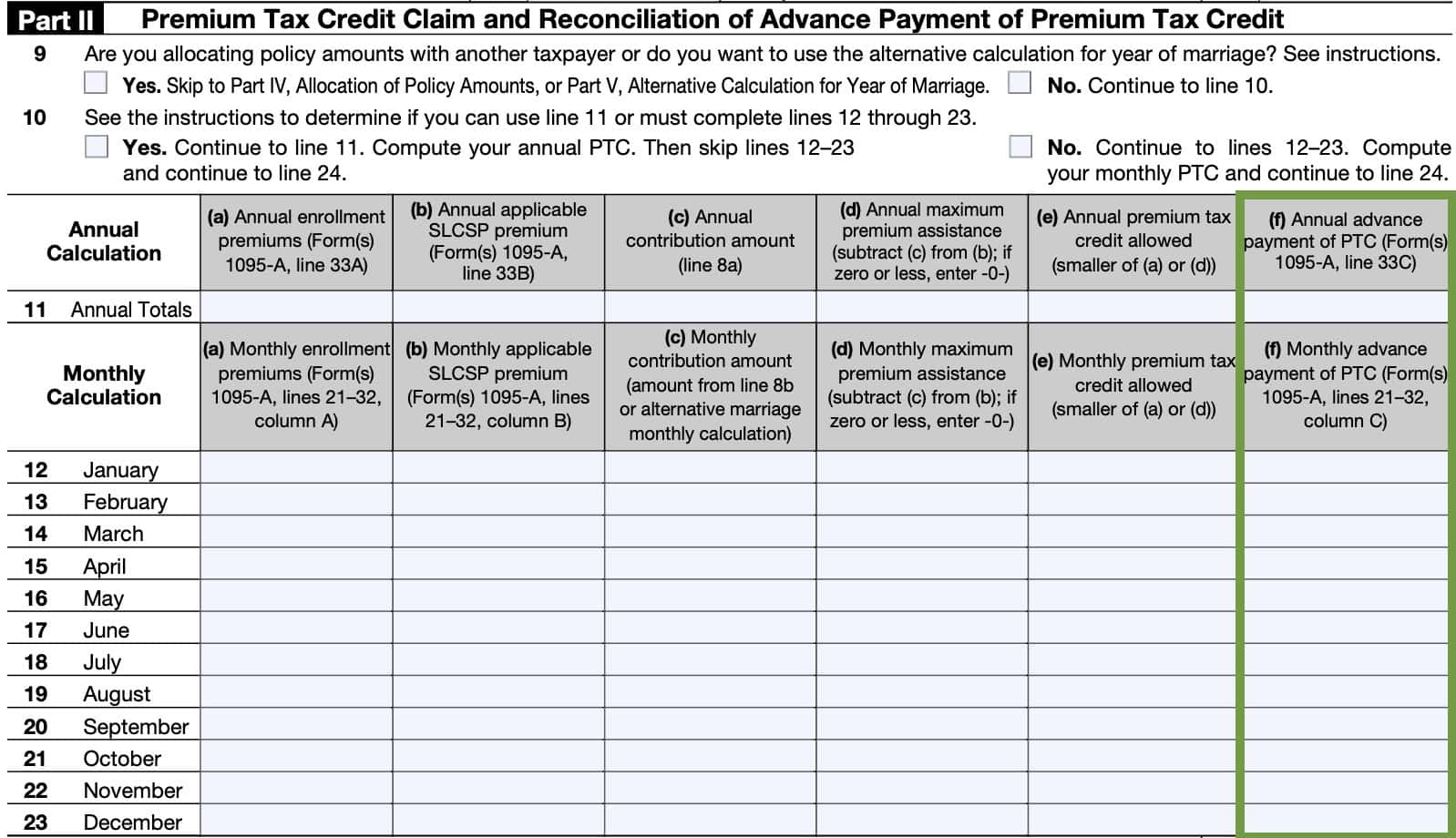 irs form 8962, part ii, column f: advance PTC payments