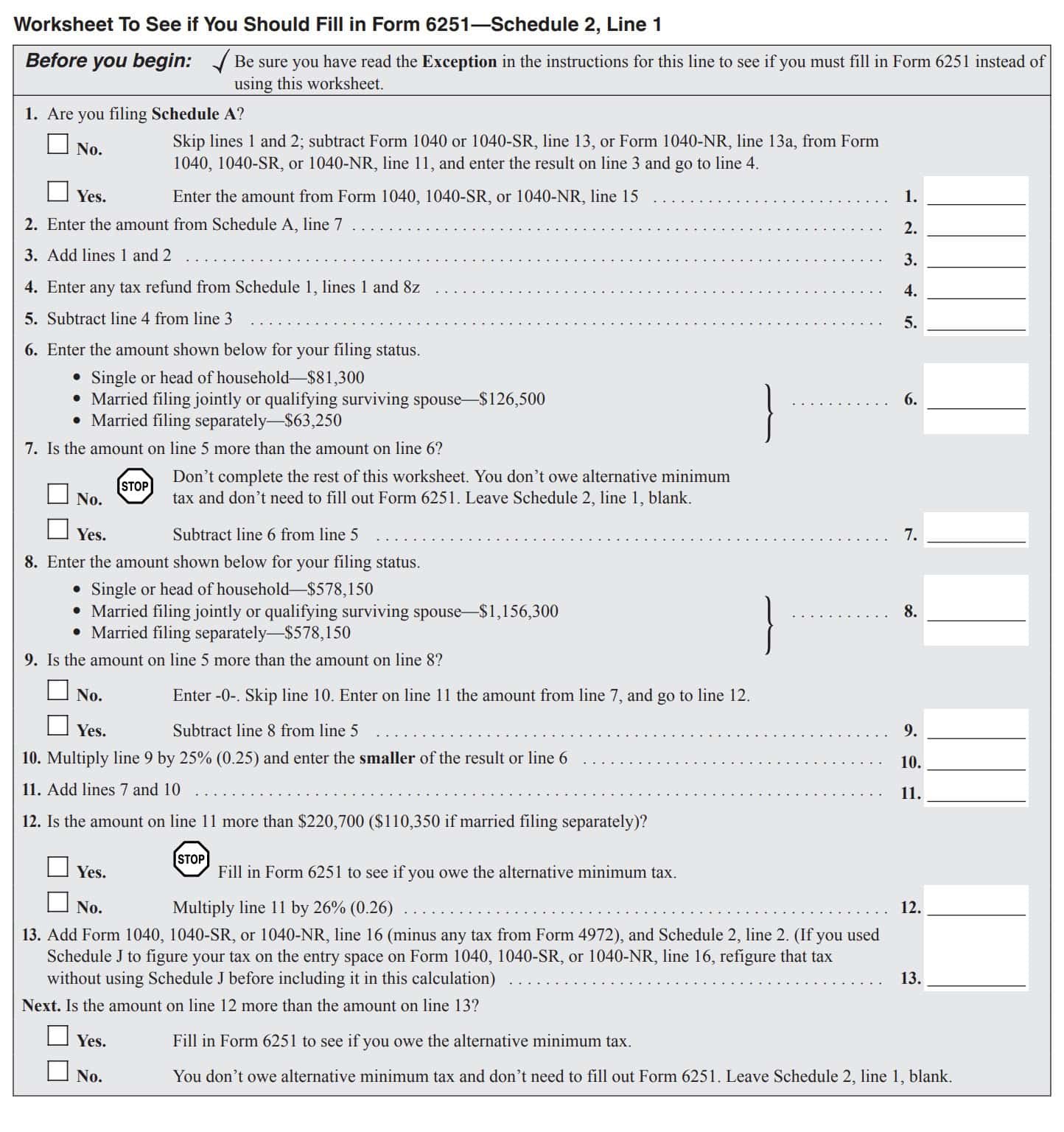 schedule 2 worksheet to determine whether you calculate AMT