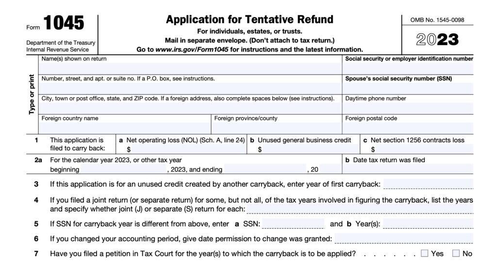 irs form 1045, application for tentative refund