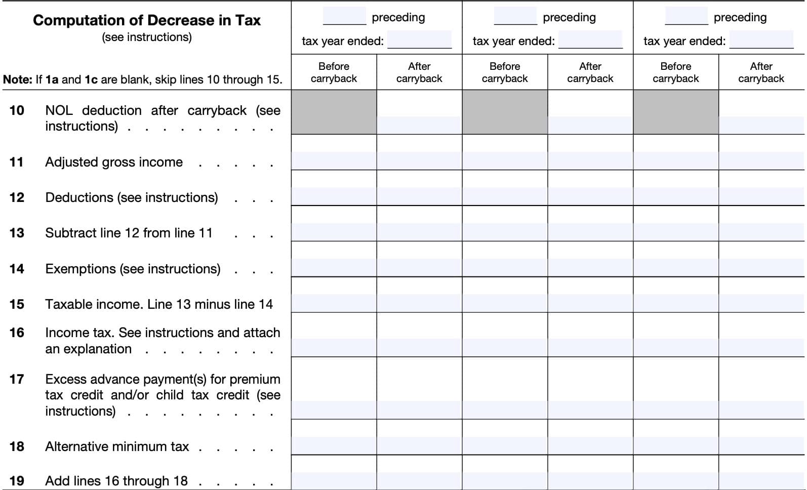 computation of decrease in tax, lines 10 through 19