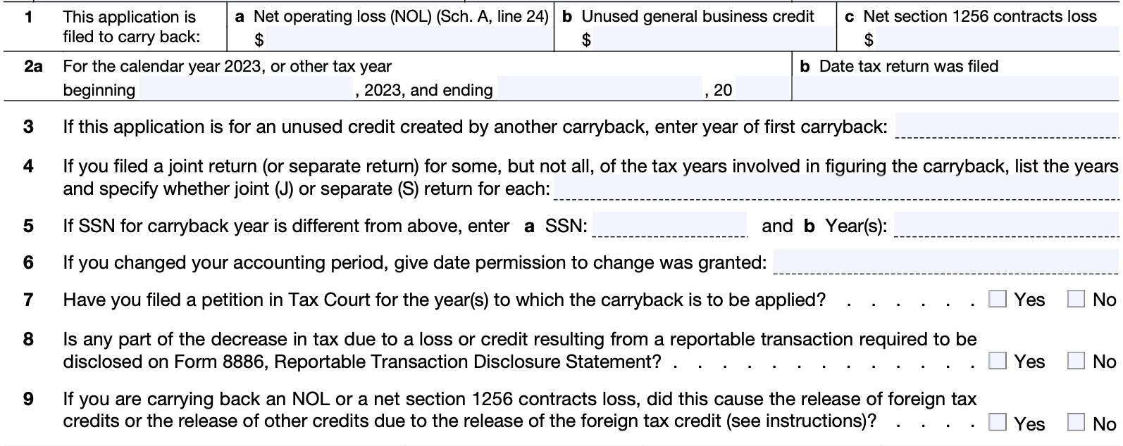 irs form 1045, lines 1 through 9