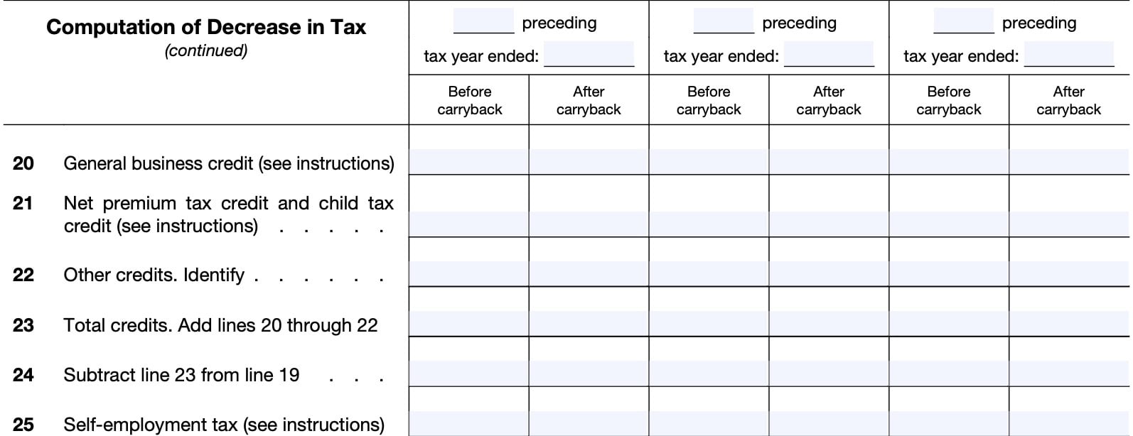 irs form 1045, lines 20 through 25