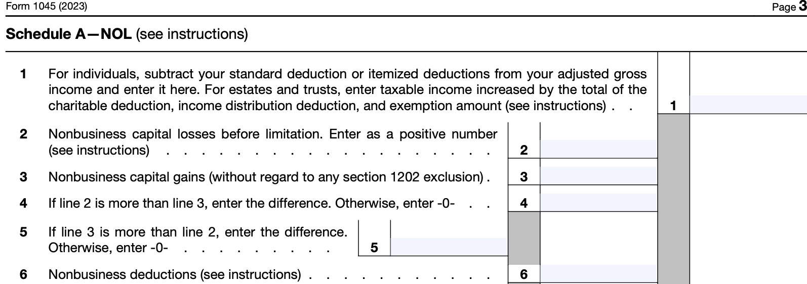 irs form 1045, schedule a-NOL, lines 1 through 6