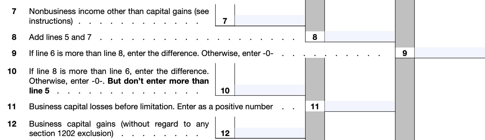  schedule A, Net operating loss, lines 7-12