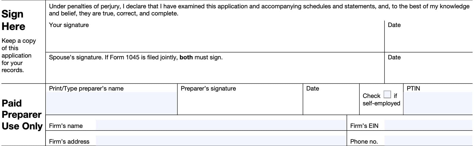 irs form 1045, taxpayer signature