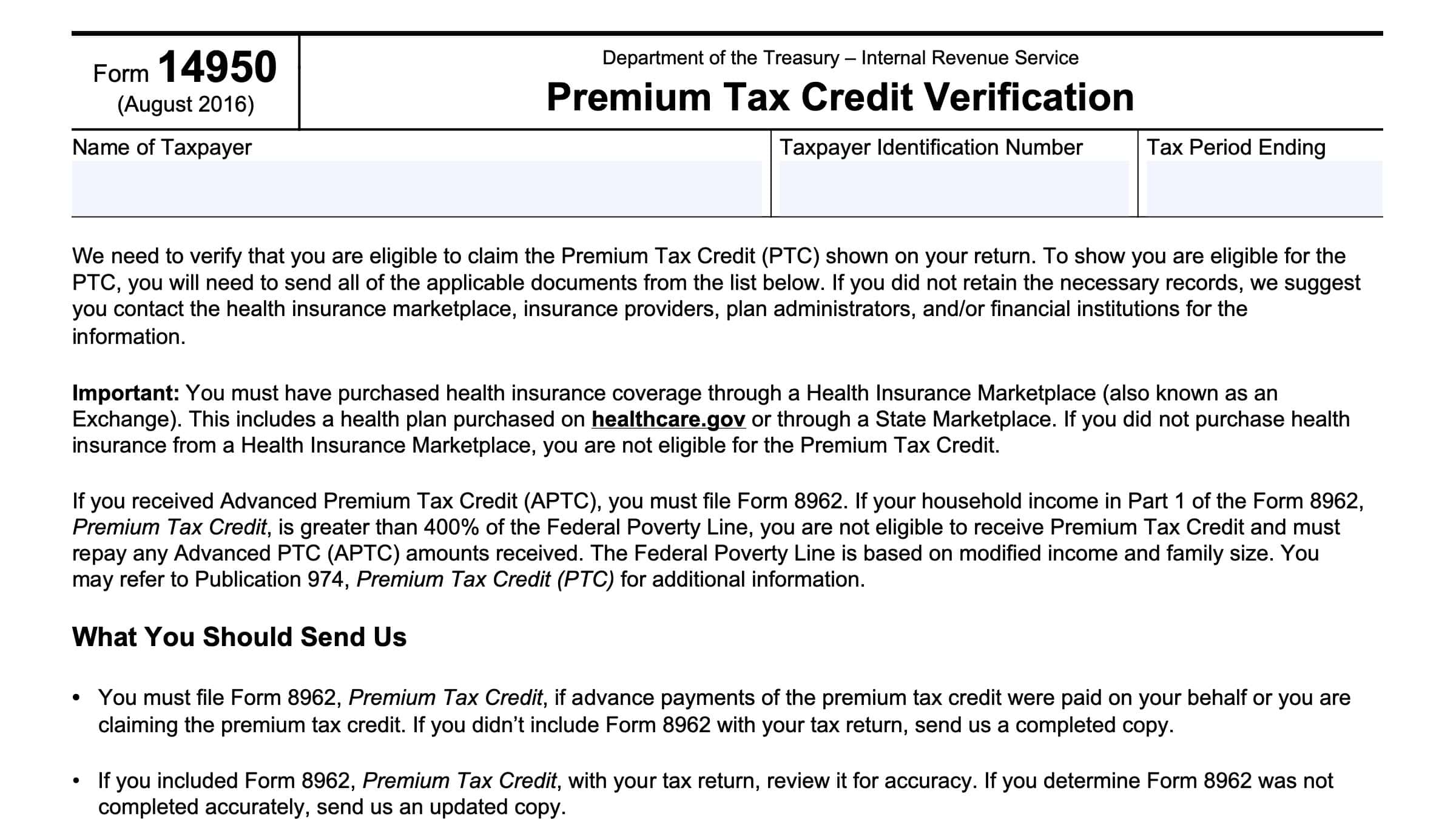 irs form 14950, premium tax credit verification