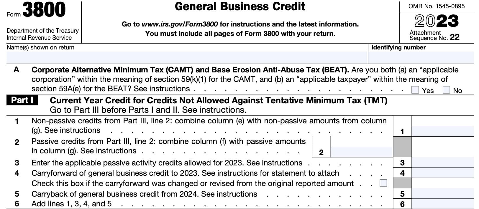 irs form 3800, part i: current year credit for credits not allowed against tentative minimum tax (TMT)