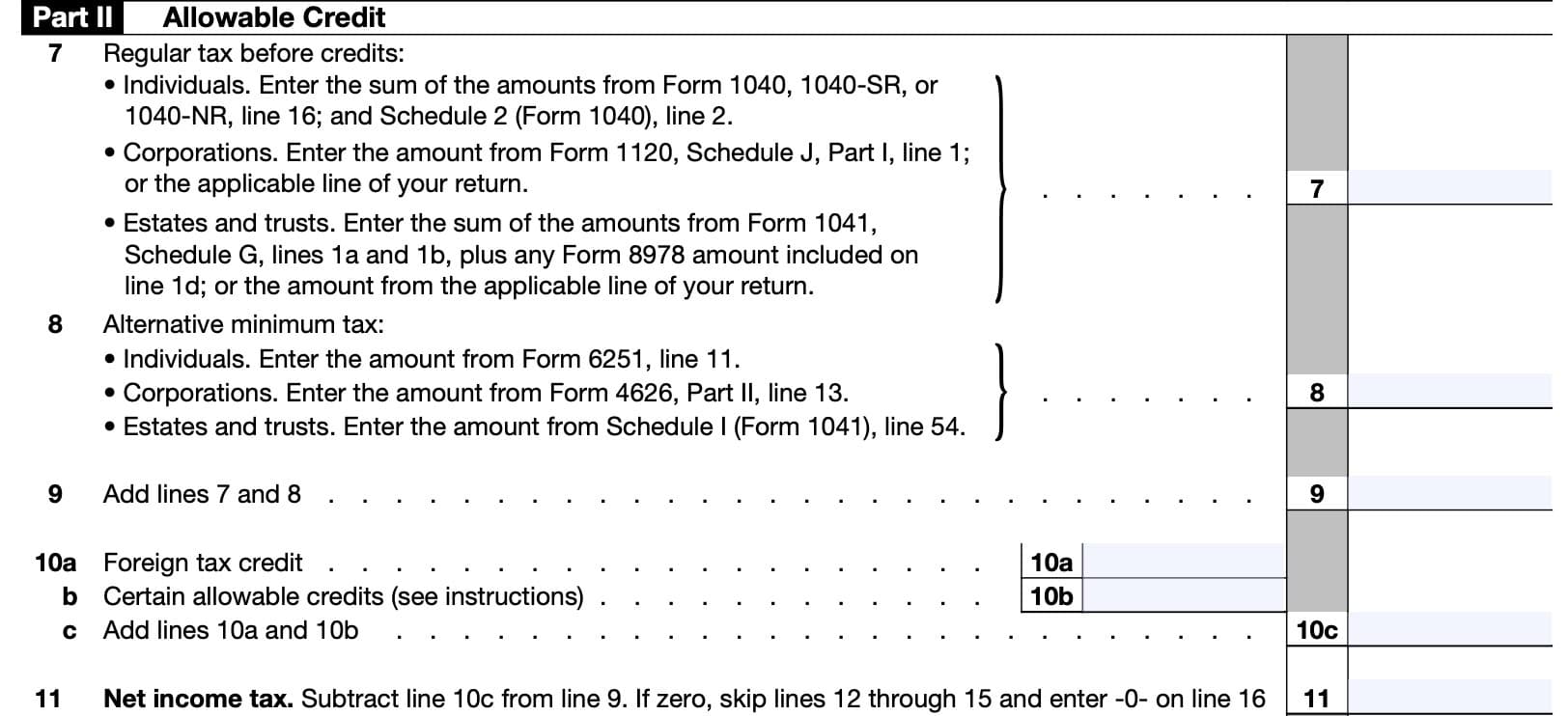 form 3800, part ii, allowable credit, lines 7 through 11