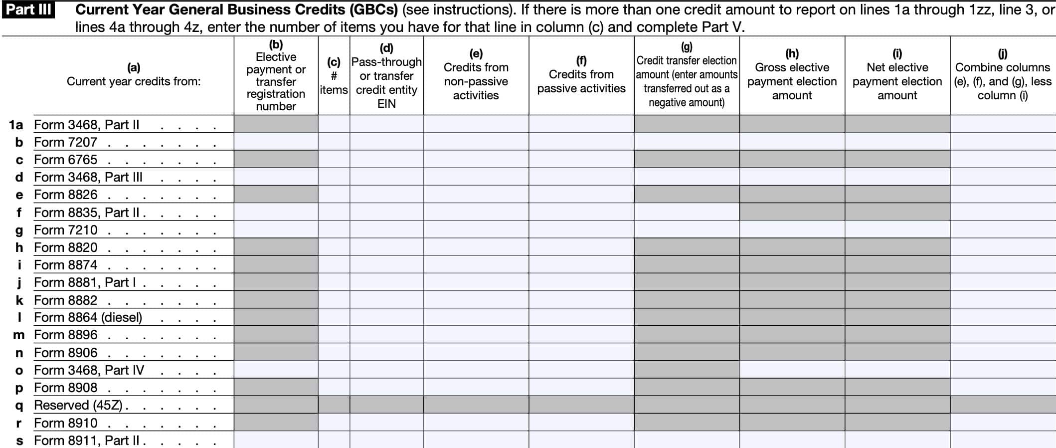 irs form 3800, part iii, current year general business credits, lines 1a through 1s