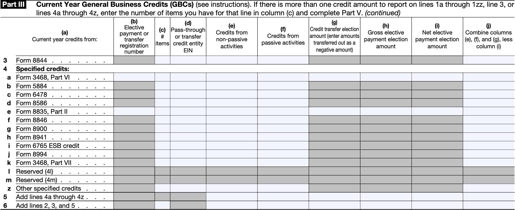 irs form 3800, part iii, lines 3 through 6