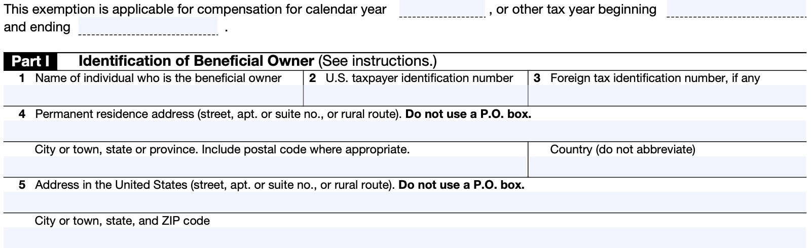 irs form 8233, part i: identification of beneficial owner, lines 1 through 5