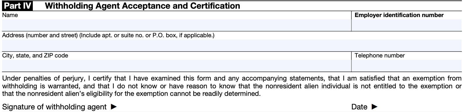 irs form 8233 part iv: withholding agent acceptance and certification