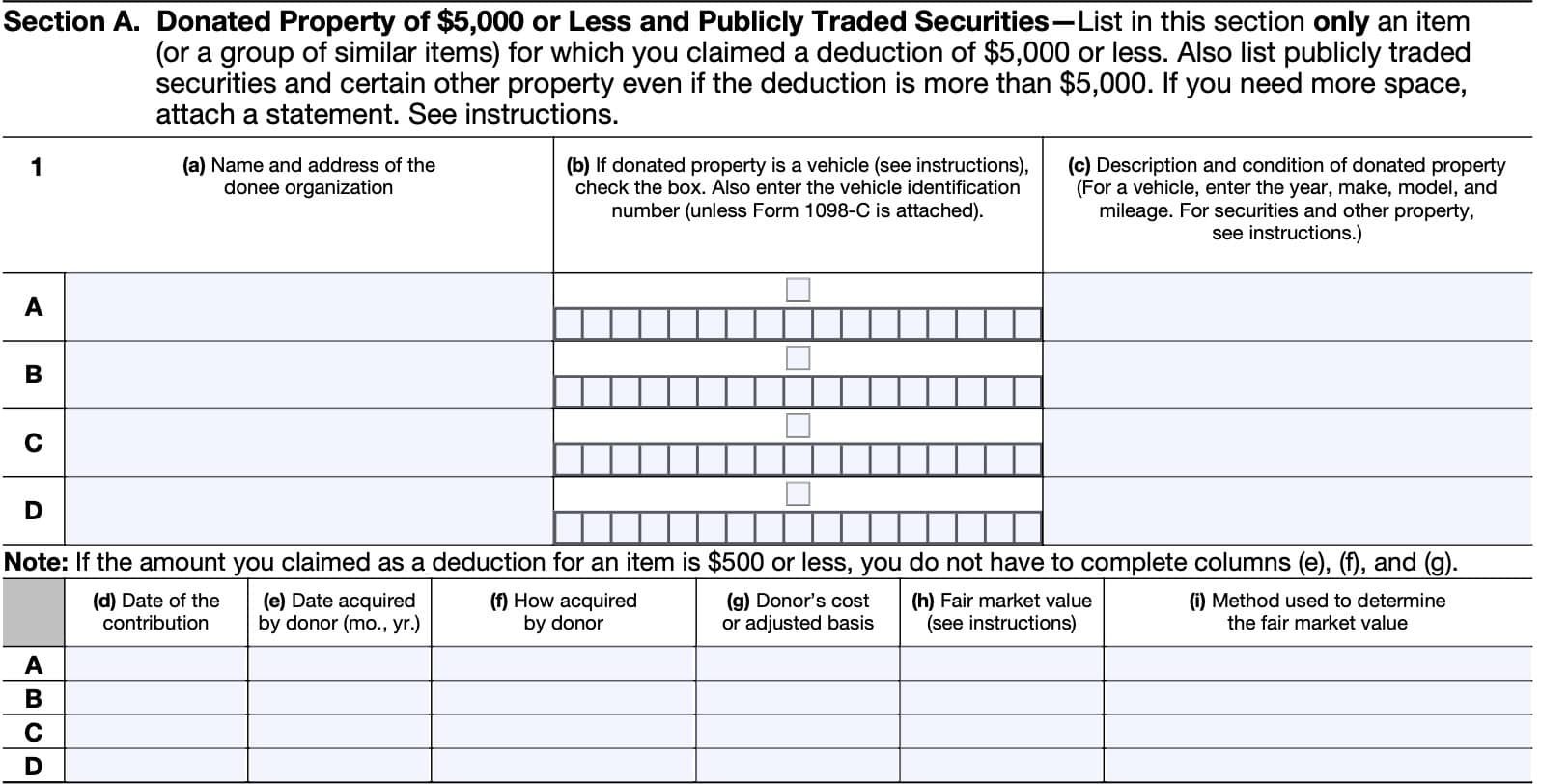 irs form 8283, section a: donated property of $5,000 or less and publicly traded securities