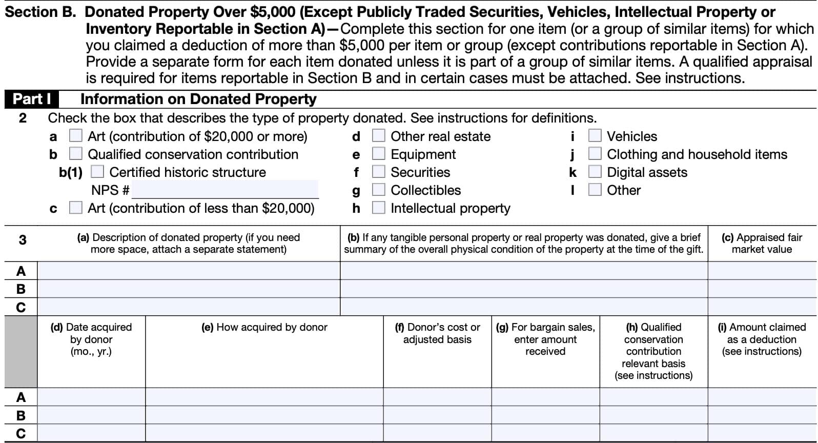 irs form 8283, section b, part i, information on donated property