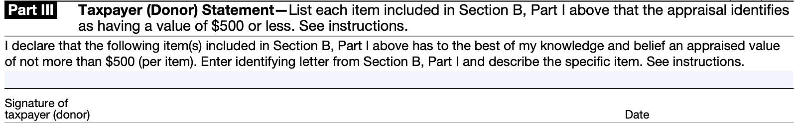 irs form 8283, section b, part iii, taxpayer (donor) statement