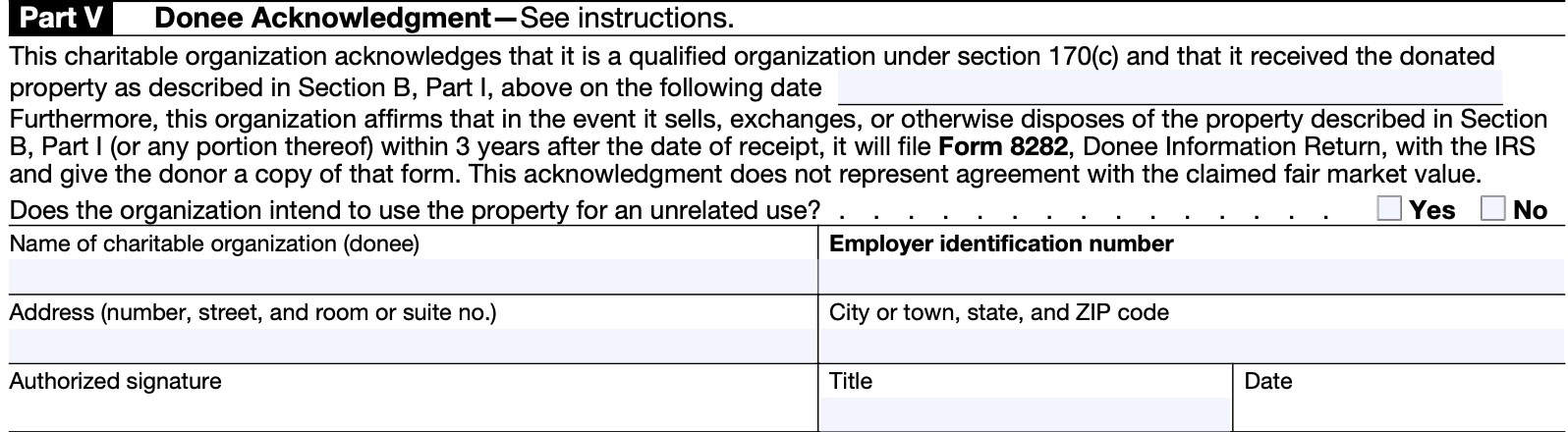 form 8283 part v, donee acknowledgement